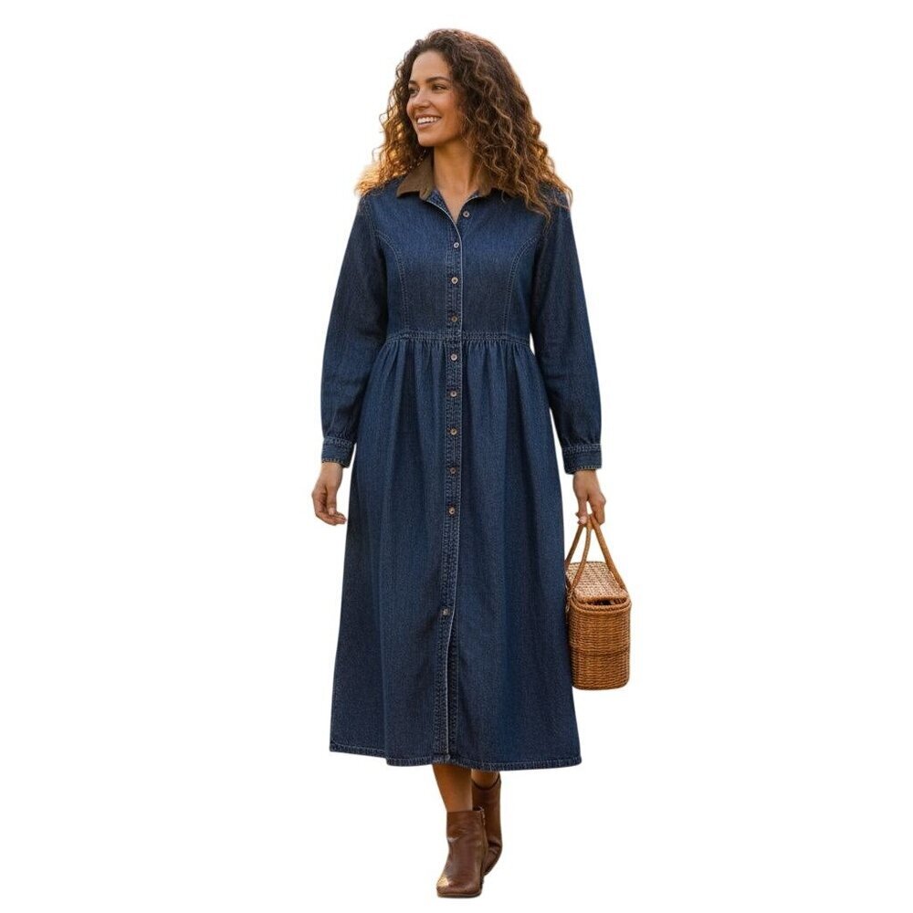 L.L. Bean Vintage Denim Faux Suede Collar Cuffs Button Front Shirt Dress Size 10